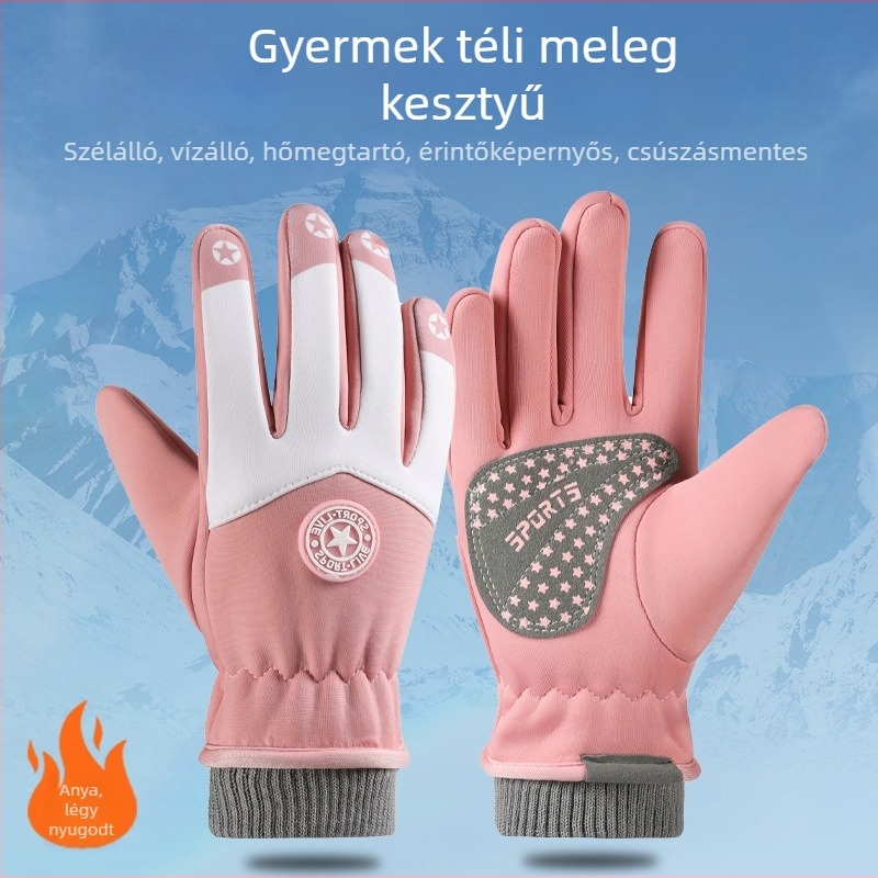 Gyerek síkesztyűk, uniszex, őszi-téli, szélvédett, vízálló, csúszásmentes, csíkos mintával, meleg 5–13 éveseknek