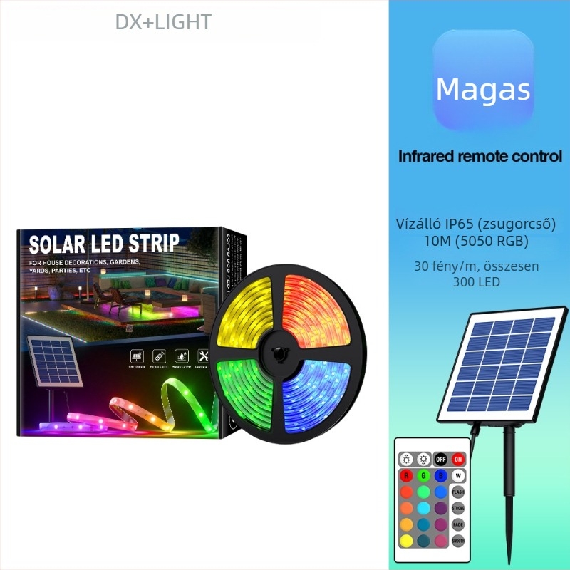 Napelemes kültéri LED-szalag kerthez és udvarhoz, vízálló 5050 LED-ekkel, 30 LED/m, távirányító