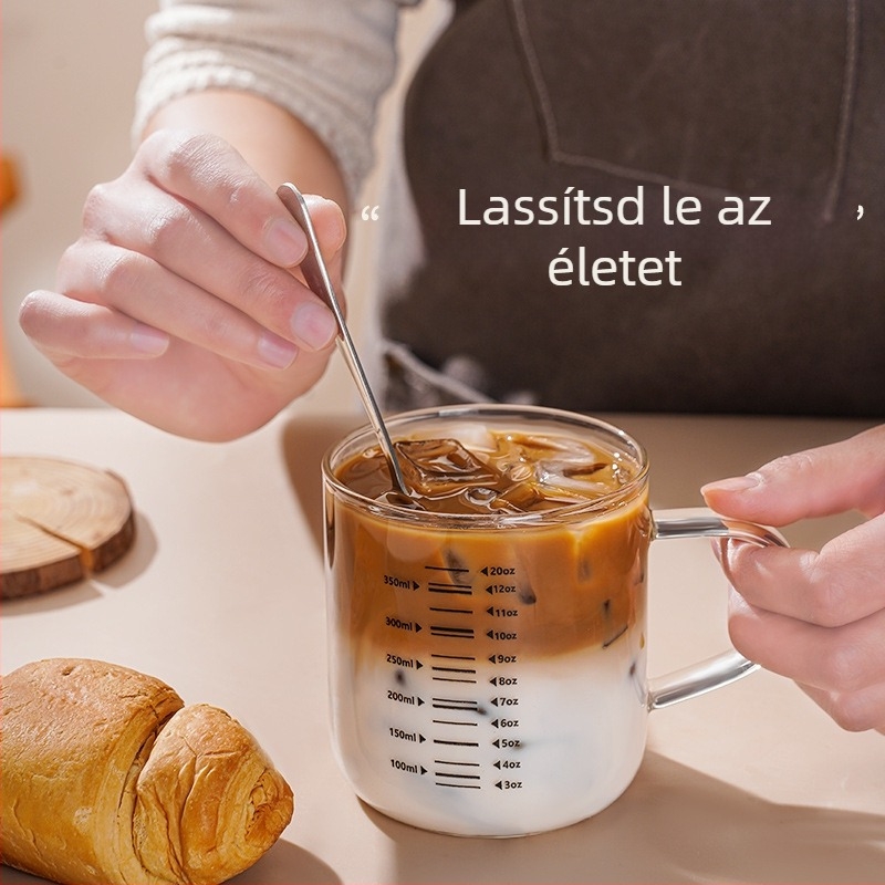 Hőálló tejes pohár hőmérsékleti skálával, egyszerű fogantyúval, boroszilikát üveg