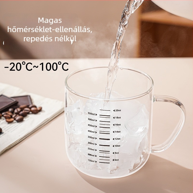 Hőálló tejes pohár hőmérsékleti skálával, egyszerű fogantyúval, boroszilikát üveg