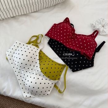 Retro pöttyös női fehérnemű készlet Push-Up melltartóval, V-nyakú, karcsú hátsó dizájn, sexy diáklány-stílus