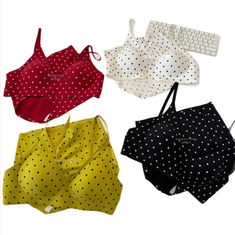 Retro pöttyös női fehérnemű készlet Push-Up melltartóval, V-nyakú, karcsú hátsó dizájn, sexy diáklány-stílus