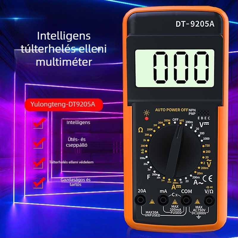 DT9205A zsebméretű digitális multiméter kijelzővel, áram- és feszültségmérés, többfunkciós univerzális mérőműszer
