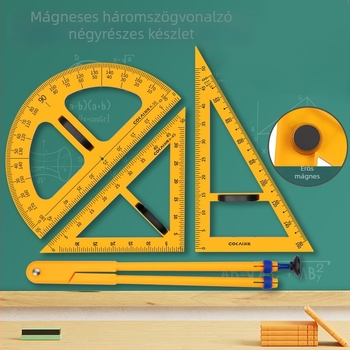Nagy mágneses geometriai készlet oktatáshoz: háromszög, körző és szögmérő a táblán történő körök rajzolásához
