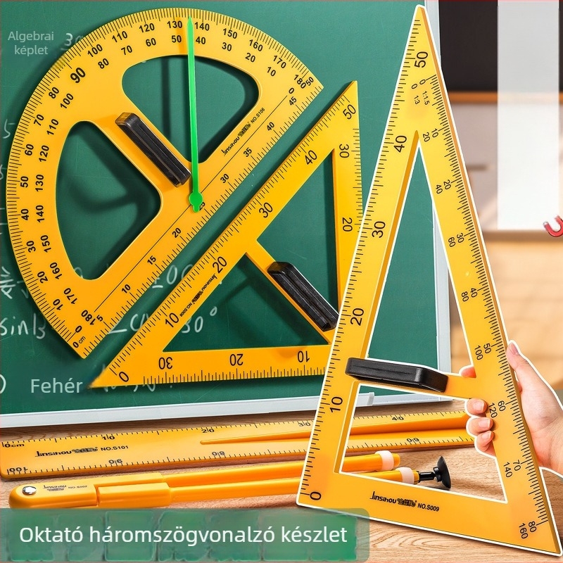 Nagy mágneses geometriai készlet oktatáshoz: háromszög, körző és szögmérő a táblán történő körök rajzolásához
