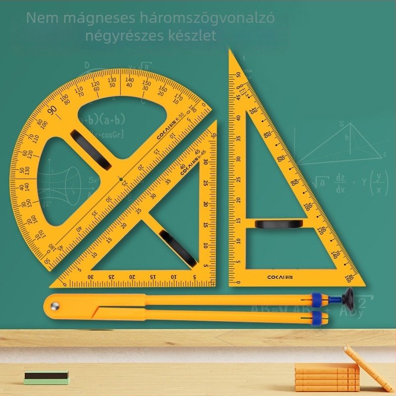 Nagy mágneses geometriai készlet oktatáshoz: háromszög, körző és szögmérő a táblán történő körök rajzolásához