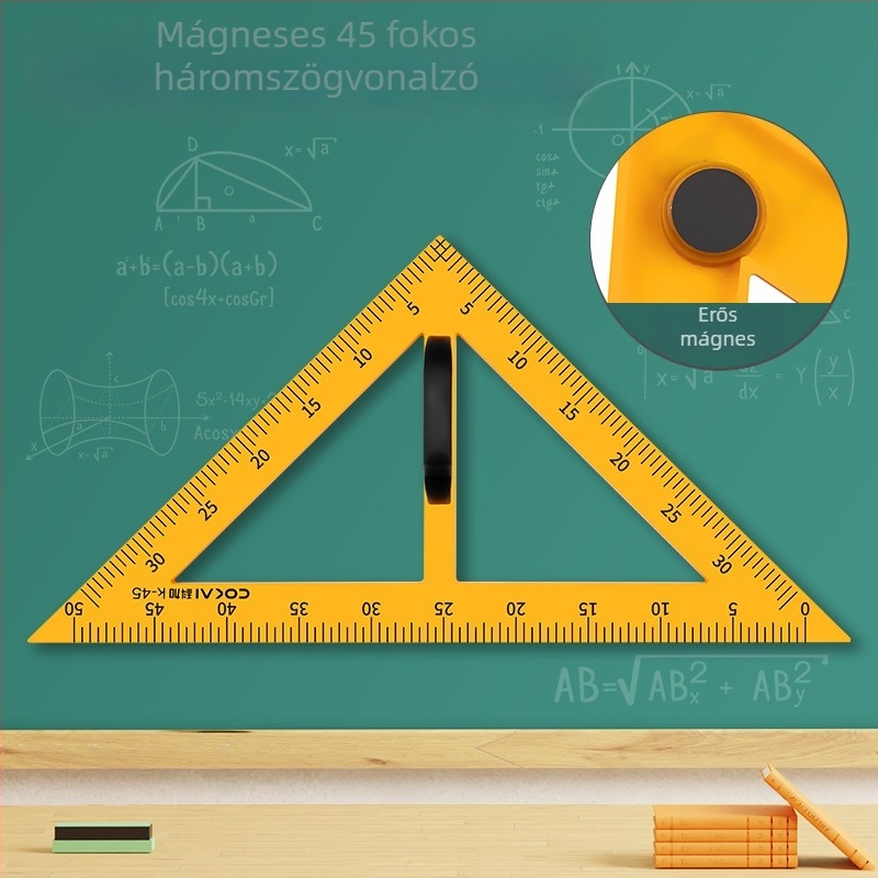 Nagy mágneses geometriai készlet oktatáshoz: háromszög, körző és szögmérő a táblán történő körök rajzolásához