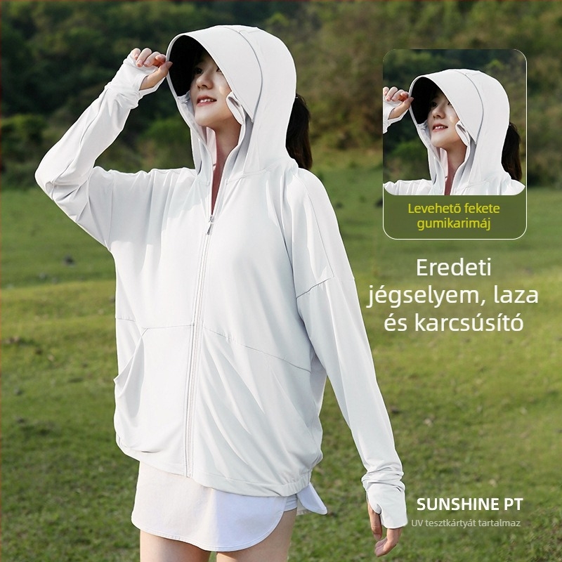 Női kültéri UV-védő kabát nyárra – könnyű, lélegző Ice Silk anyag, kapucnival, bő szabás