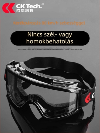 Kerékpáros szemüveg kültéri sportokra, szélvédett kialakítás, fröccsenés- és ütésálló, fejre illeszthető, cserélhető lencsékkel, kompatibilis dioptriával