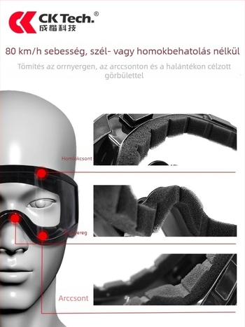 Kerékpáros szemüveg kültéri sportokra, szélvédett kialakítás, fröccsenés- és ütésálló, fejre illeszthető, cserélhető lencsékkel, kompatibilis dioptriával