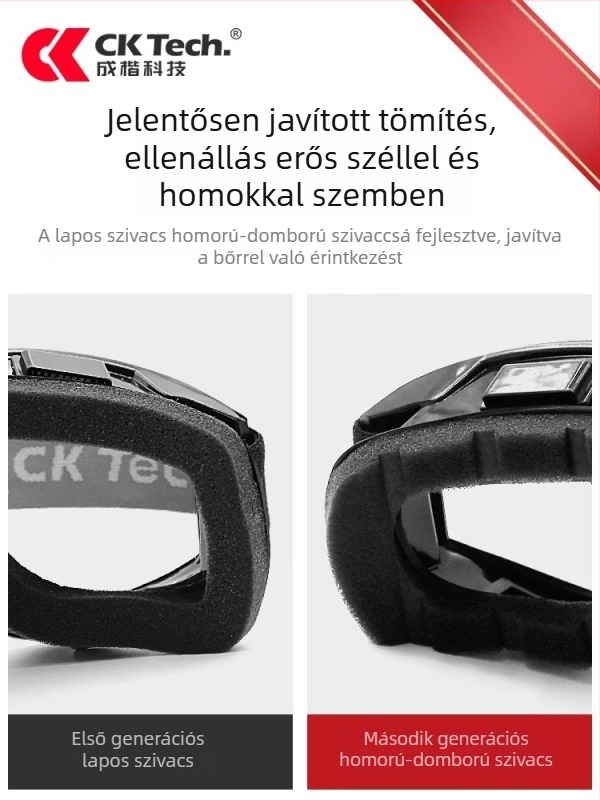 Kerékpáros szemüveg kültéri sportokra, szélvédett kialakítás, fröccsenés- és ütésálló, fejre illeszthető, cserélhető lencsékkel, kompatibilis dioptriával