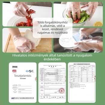 Egyszer használatos TPE kesztyű, élelmiszer-minőségű, átlátszó, konyhai, catering és sütés céljára, csúszásmentes, méret L, vastagság 0,05–0,1 mm