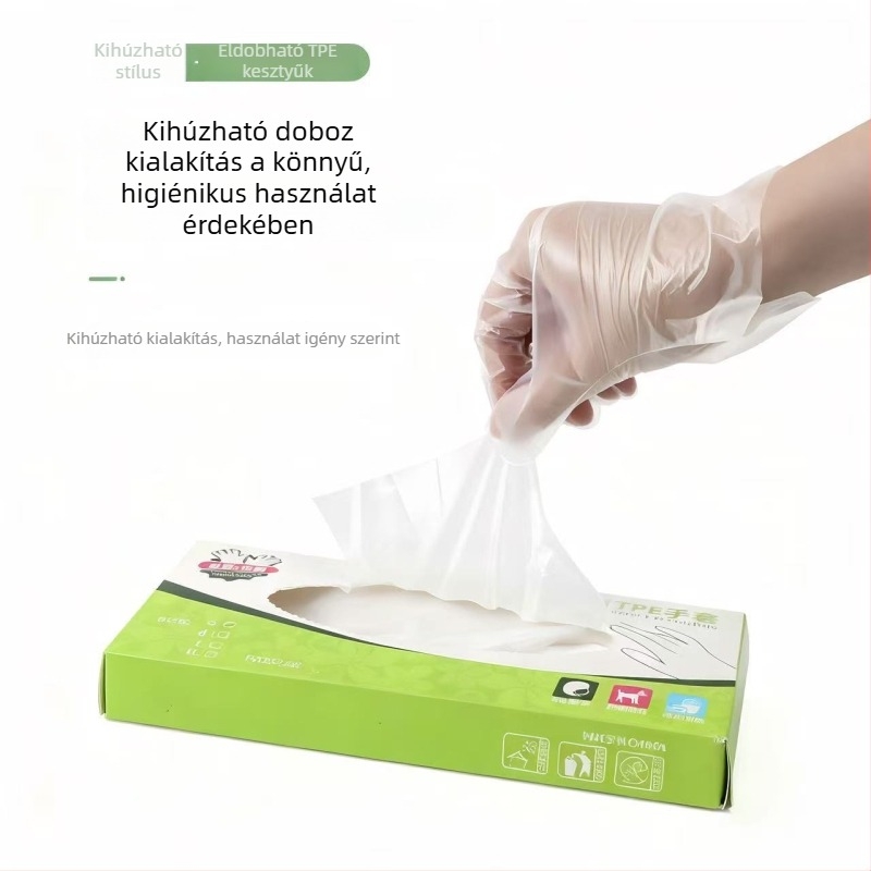 Egyszer használatos TPE kesztyű, élelmiszer-minőségű, átlátszó, konyhai, catering és sütés céljára, csúszásmentes, méret L, vastagság 0,05–0,1 mm