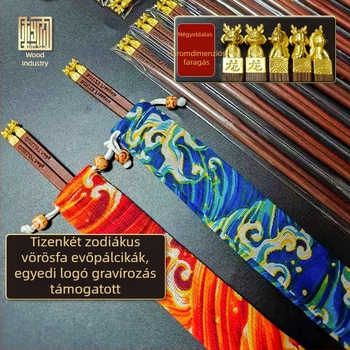 Tizenkét állatövi jelű evőpálcika mahagóniából, tömörfa, gravírozott logóval, ajándék