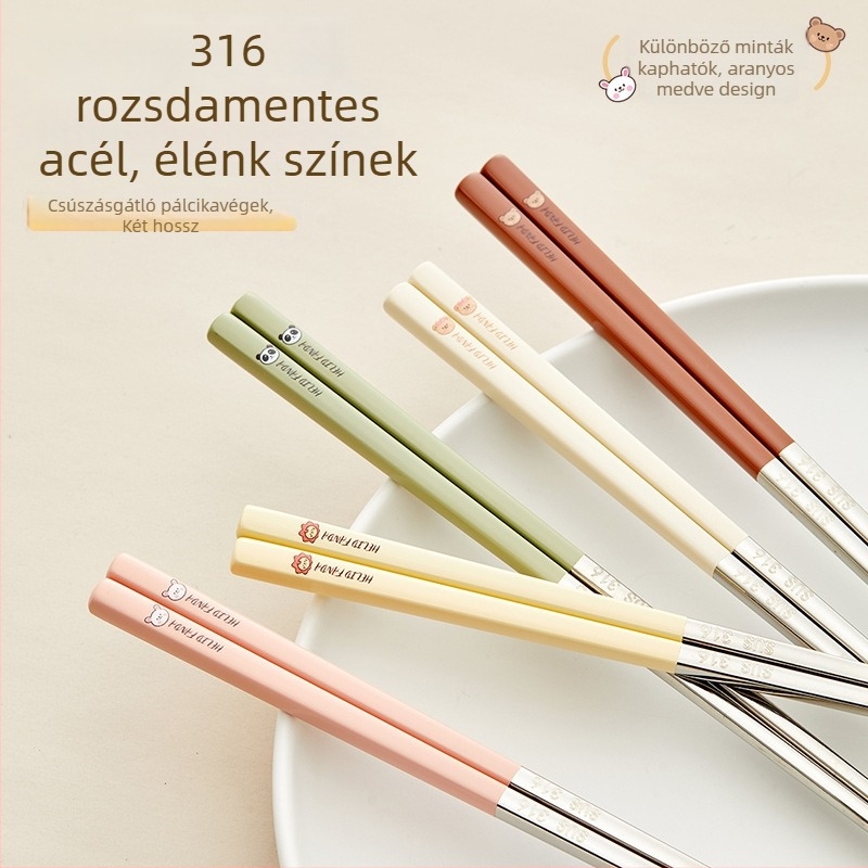 Medve család: 316 rozsdamentes acél evőpálcikák – hőálló, penészálló, csúszásmentes, egy személyre, kreatív étkezési készlet