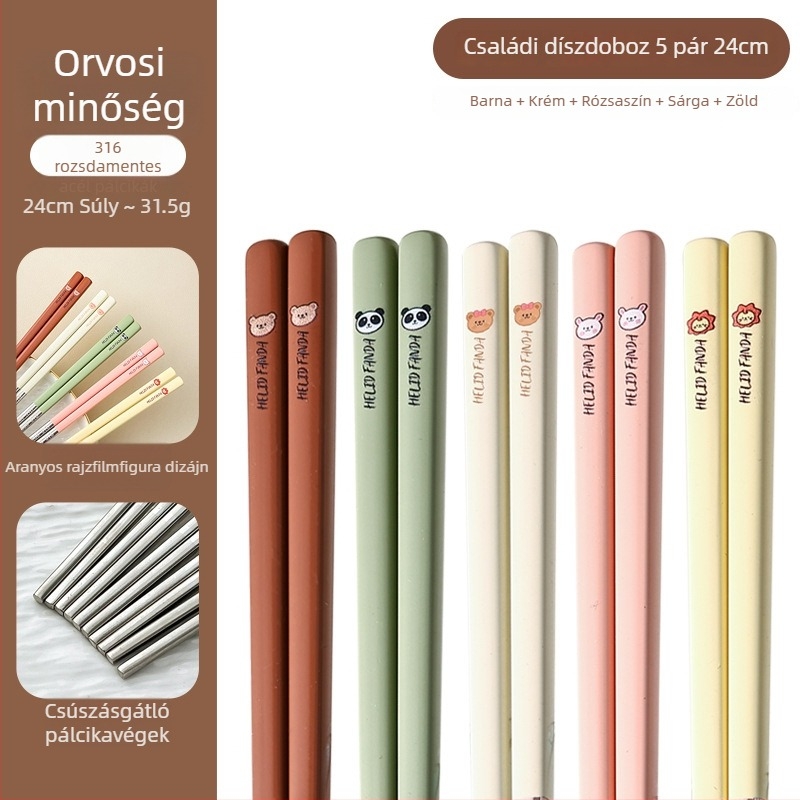 Medve család: 316 rozsdamentes acél evőpálcikák – hőálló, penészálló, csúszásmentes, egy személyre, kreatív étkezési készlet