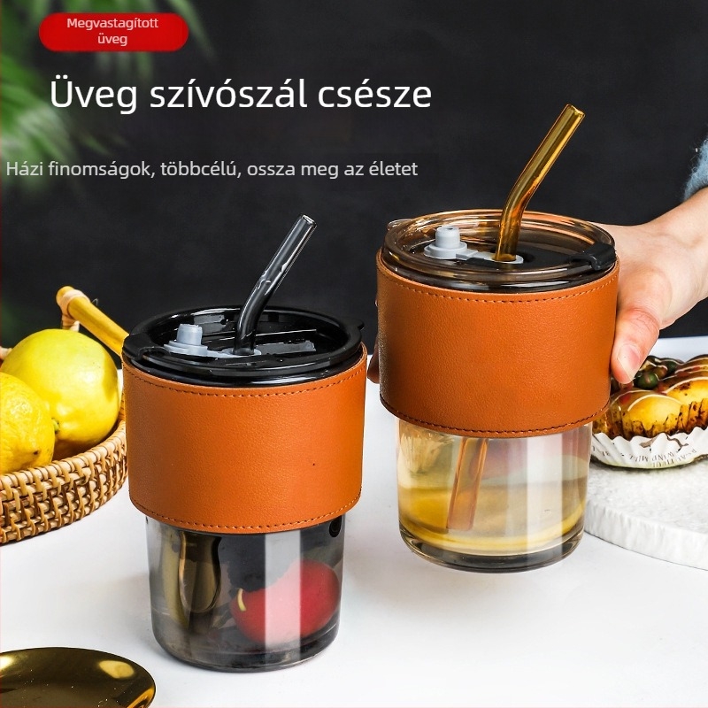 Átlátszó üveg pohár szívószállal és tetővel, hordozható tejhez vagy kávéhoz, feng shui dizájn