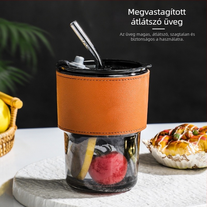 Átlátszó üveg pohár szívószállal és tetővel, hordozható tejhez vagy kávéhoz, feng shui dizájn