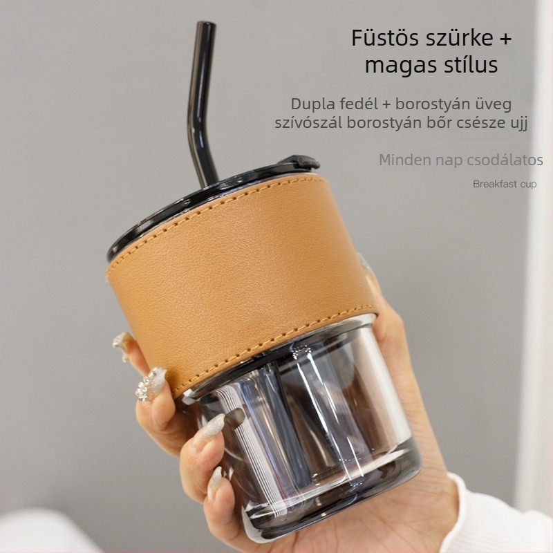 Átlátszó üveg pohár szívószállal és tetővel, hordozható tejhez vagy kávéhoz, feng shui dizájn
