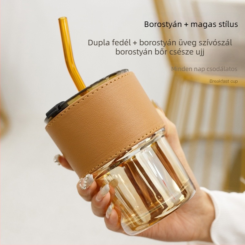 Átlátszó üveg pohár szívószállal és tetővel, hordozható tejhez vagy kávéhoz, feng shui dizájn
