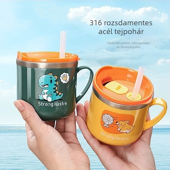 Gyerekeknek készült 316 rozsdamentes acélból készült pohár szívószollal, ütésálló, mérőskálával