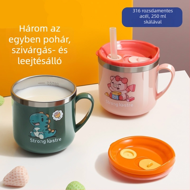 Gyerekeknek készült 316 rozsdamentes acélból készült pohár szívószollal, ütésálló, mérőskálával