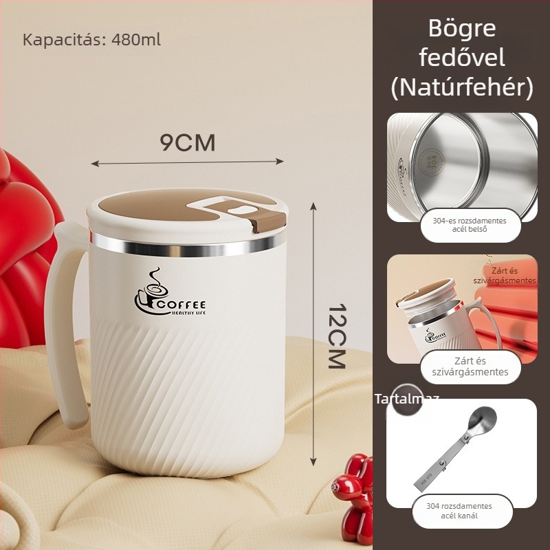 304 rozsdamentes acélból készült hordozható bögre teafilterrel, fedéllel és kanállal – tea és kávé