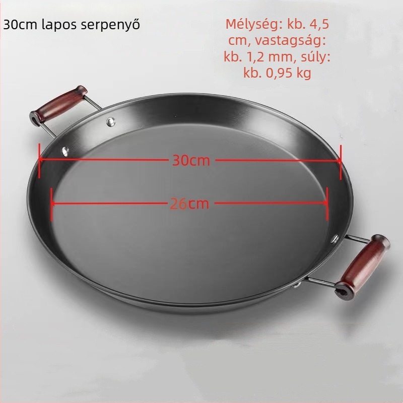 Kovácsoltvas serpenyő bevonat nélkül, két füllel, sík aljjal, gáztűzhelyhez és indukciós főzőlaphoz.