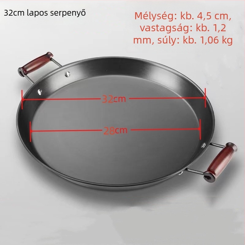 Kovácsoltvas serpenyő bevonat nélkül, két füllel, sík aljjal, gáztűzhelyhez és indukciós főzőlaphoz.