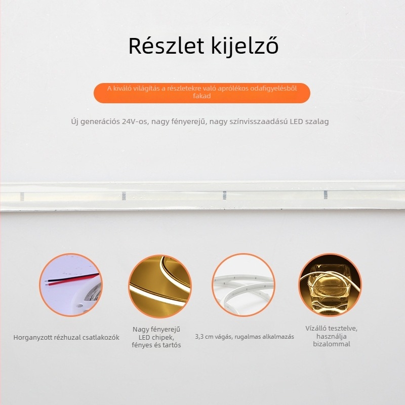 FCob sorozat LED szalag, öntapadó, kemény szilikonból, kültéri vízálló, 24V alacsony feszültség, rugalmas lineáris világítás