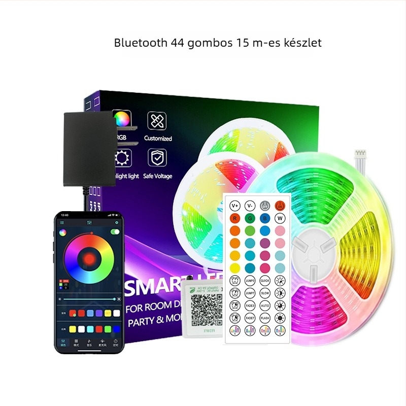 Wi‑Fi és Bluetooth RGB LED szalag szett hálószoba ambient világításhoz, ultra vékony, 24V, 5W/m, Bluetooth vezérlés