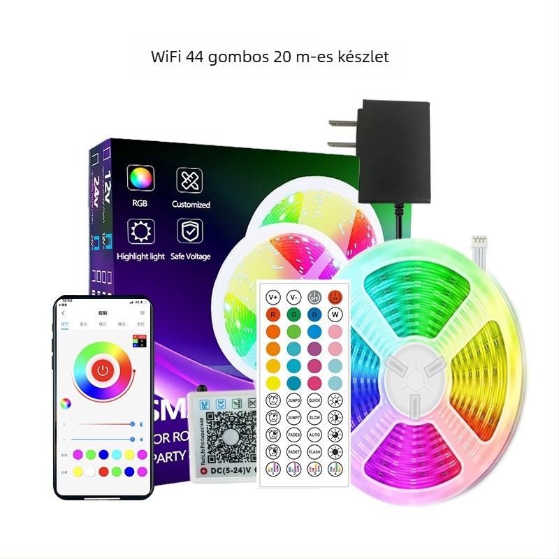 Wi‑Fi és Bluetooth RGB LED szalag szett hálószoba ambient világításhoz, ultra vékony, 24V, 5W/m, Bluetooth vezérlés