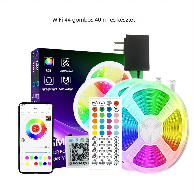 Wi‑Fi és Bluetooth RGB LED szalag szett hálószoba ambient világításhoz, ultra vékony, 24V, 5W/m, Bluetooth vezérlés