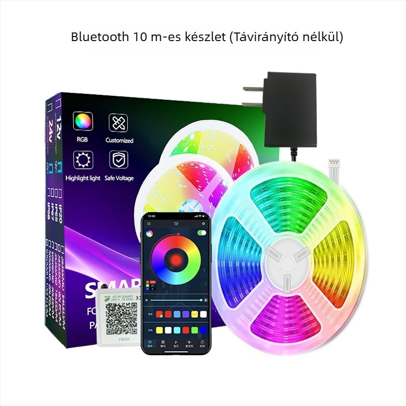 Wi‑Fi és Bluetooth RGB LED szalag szett hálószoba ambient világításhoz, ultra vékony, 24V, 5W/m, Bluetooth vezérlés
