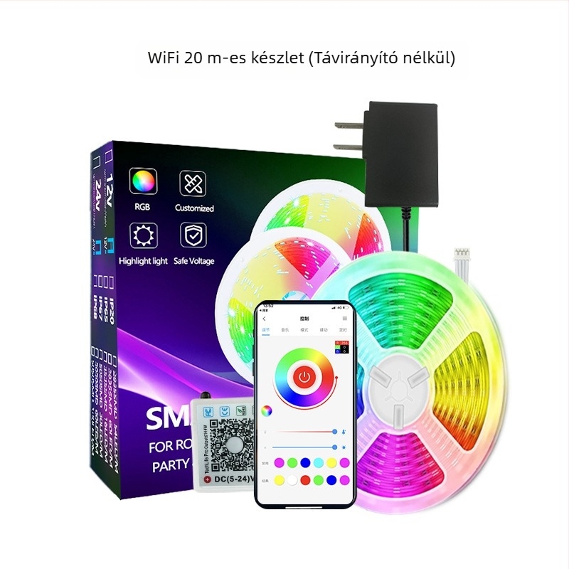 Wi‑Fi és Bluetooth RGB LED szalag szett hálószoba ambient világításhoz, ultra vékony, 24V, 5W/m, Bluetooth vezérlés