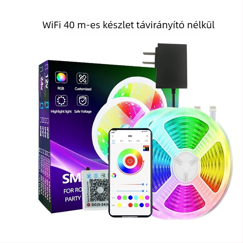 Wi‑Fi és Bluetooth RGB LED szalag szett hálószoba ambient világításhoz, ultra vékony, 24V, 5W/m, Bluetooth vezérlés