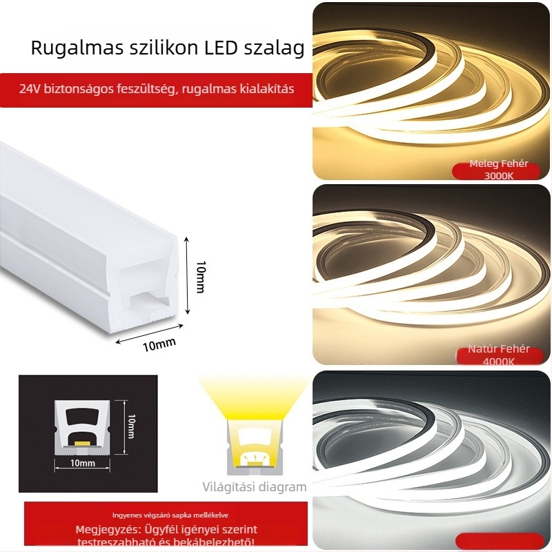 Rugalmas szilikon LED-szalag 12V/24V, vízálló, öntapadó, beépített lineáris csatornával