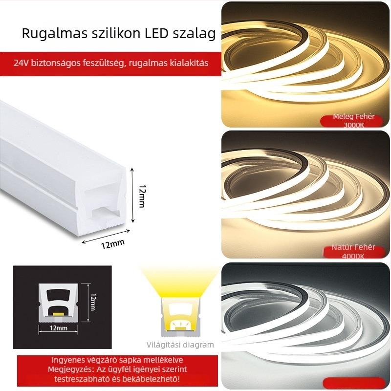 Rugalmas szilikon LED-szalag 12V/24V, vízálló, öntapadó, beépített lineáris csatornával