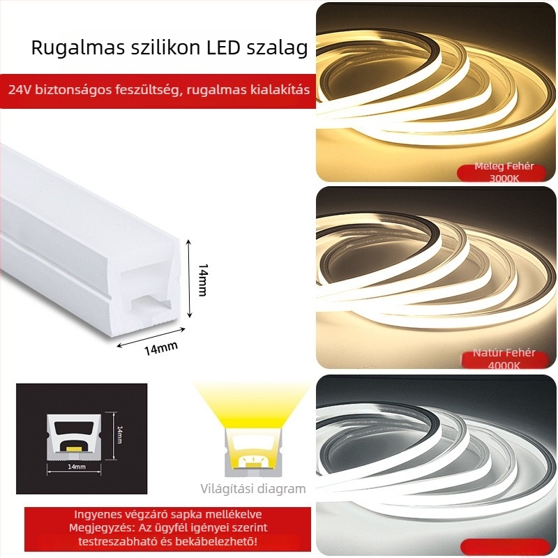 Rugalmas szilikon LED-szalag 12V/24V, vízálló, öntapadó, beépített lineáris csatornával