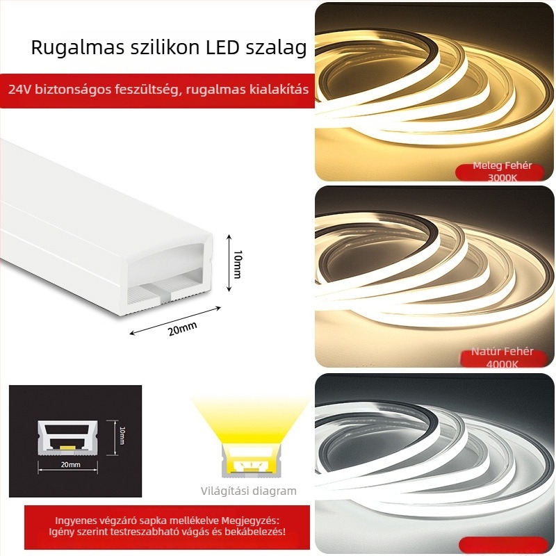 Rugalmas szilikon LED-szalag 12V/24V, vízálló, öntapadó, beépített lineáris csatornával