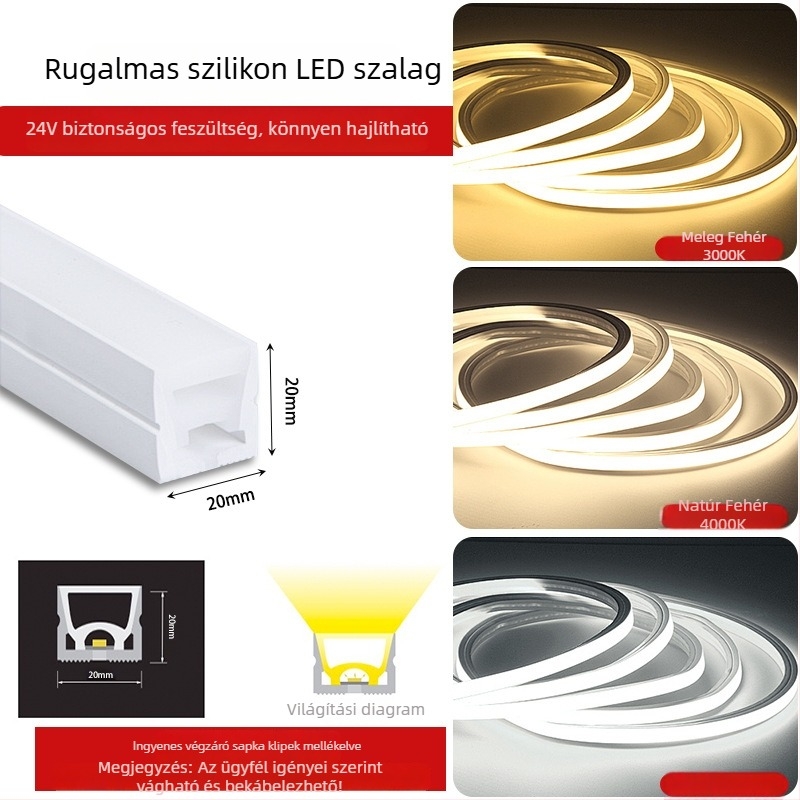 Rugalmas szilikon LED-szalag 12V/24V, vízálló, öntapadó, beépített lineáris csatornával