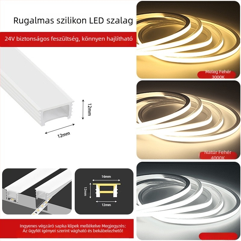 Rugalmas szilikon LED-szalag 12V/24V, vízálló, öntapadó, beépített lineáris csatornával