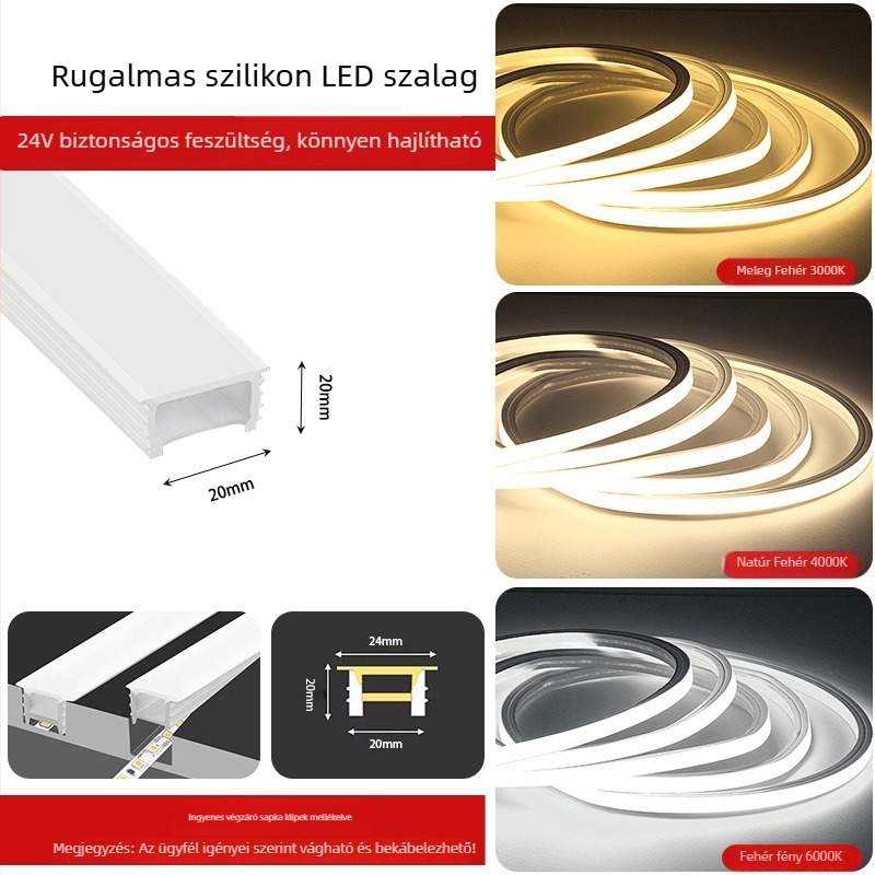 Rugalmas szilikon LED-szalag 12V/24V, vízálló, öntapadó, beépített lineáris csatornával