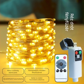 Rézdrótos LED szálak beltéri és kültéri dekorációhoz, USB távirányító, napelemes működés
