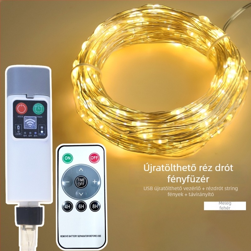 Rézdrótos LED szálak beltéri és kültéri dekorációhoz, USB távirányító, napelemes működés