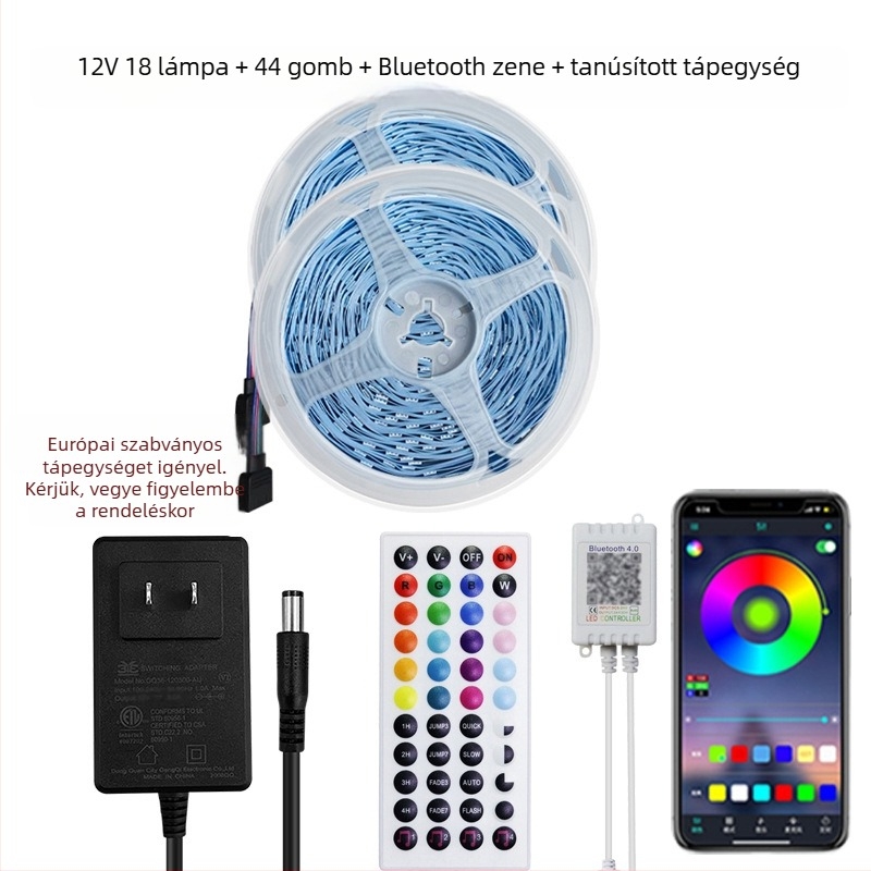 RGB LED-szalag 5050, alacsony feszültségű, öntapadós, Bluetooth-alkalmazásvezérlésű hangulatvilágítás