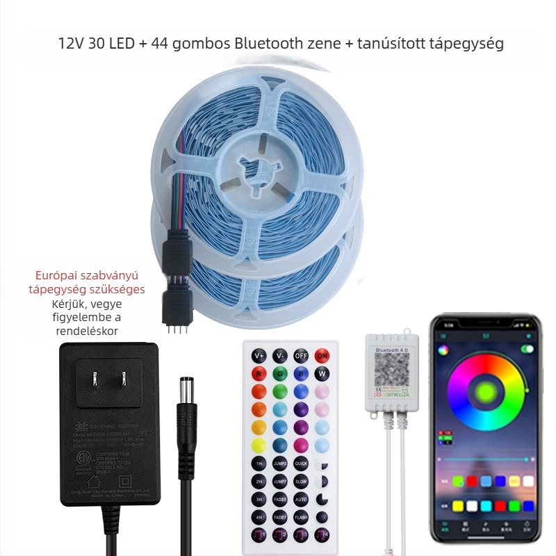 RGB LED-szalag 5050, alacsony feszültségű, öntapadós, Bluetooth-alkalmazásvezérlésű hangulatvilágítás
