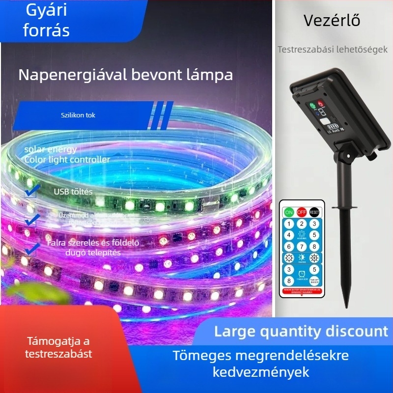 Napelemes színes LED-szalagok gumírozott bevonattal kültéri dekorációhoz: udvar, lugas, kert és erkély