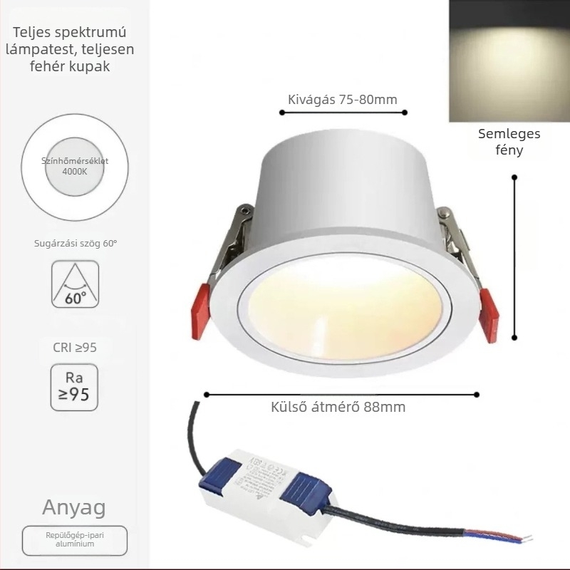 Intelligens rejtett LED mennyezeti spot lámpa keskeny kerettel nappalihoz, otthoni használatra, mély kupa, anti-glare, 75 mm nyílás, mennyezetre szerelhető