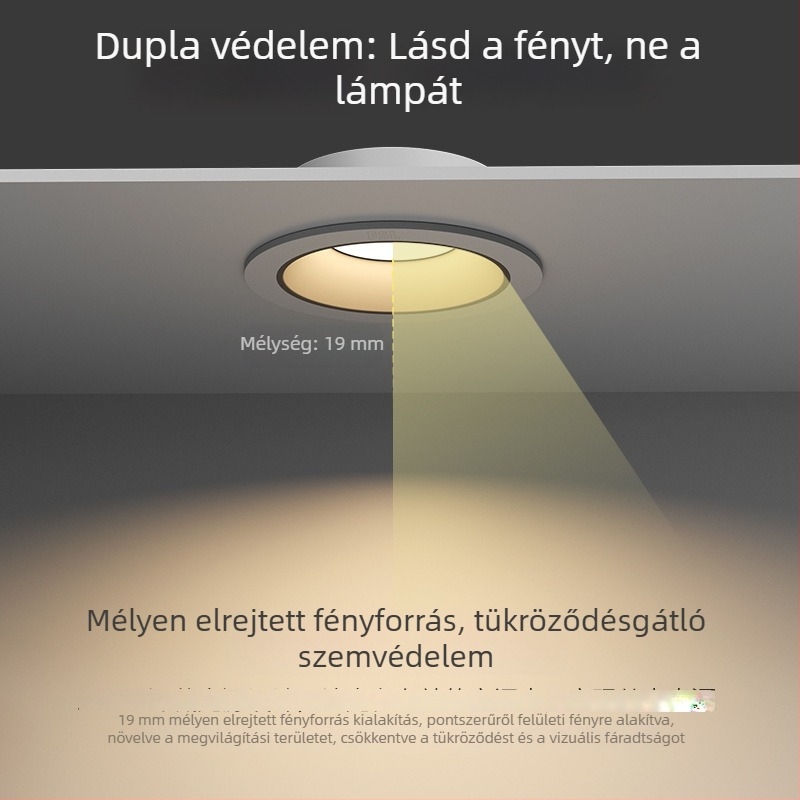 Beépített LED anti‑reflektív downlight keskeny kerettel és mély kupakkal, nappalira és folyosóra, mennyezeti lámpa központi fény nélkül